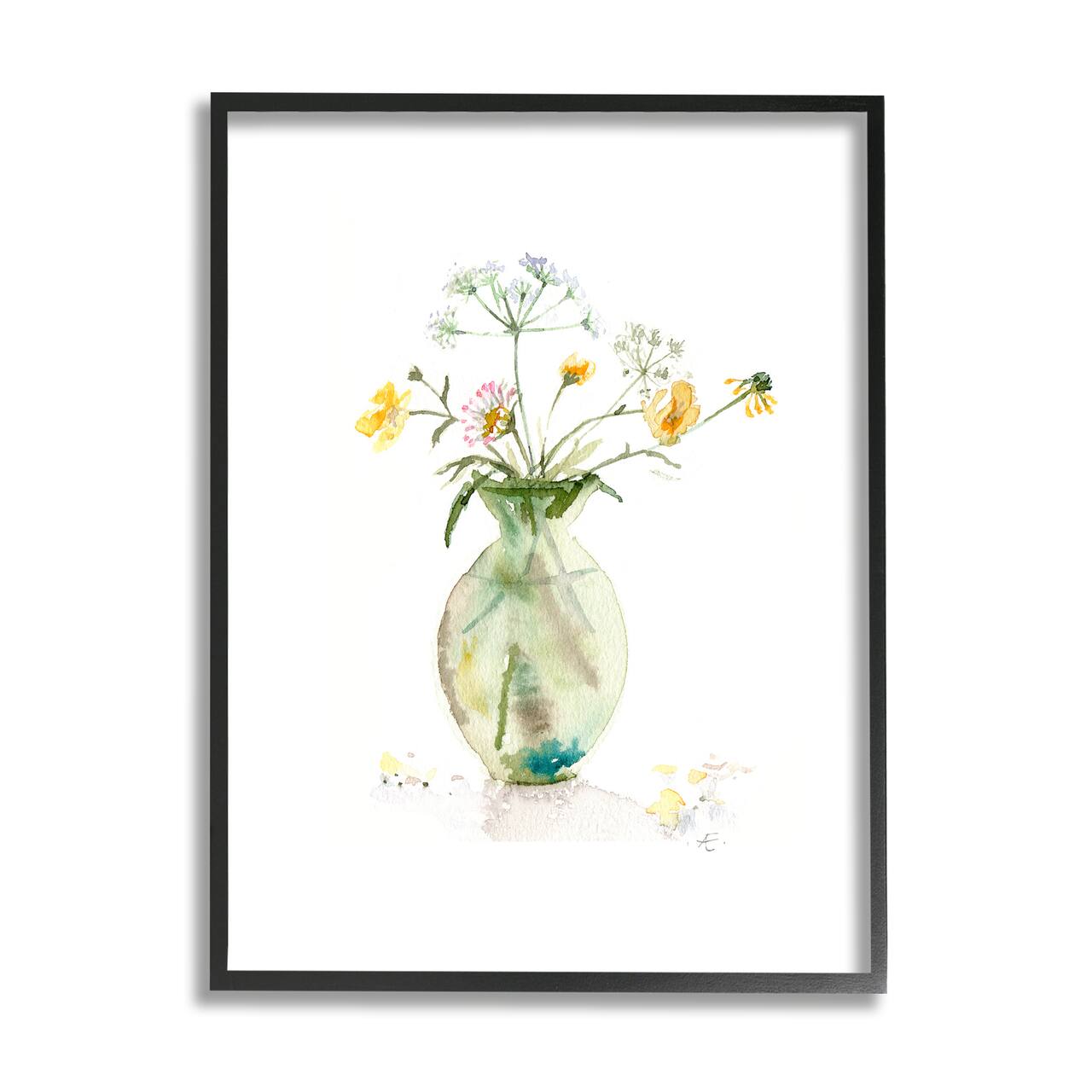 Stupell Industries Buttercups Daisies Green Vase Watercolor Floral Still Life Framed Wall Art